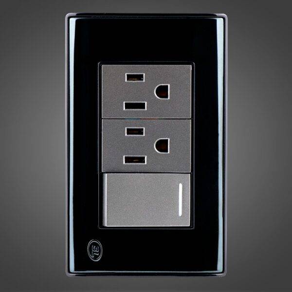 Interruptor conmutador más dos  receptáculos sencillos 2P + T