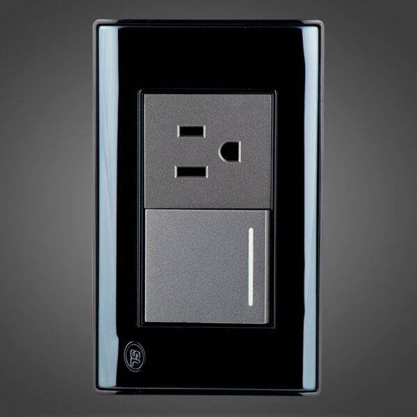 Interruptor conmutador más  receptáculo sencillo 2P + T